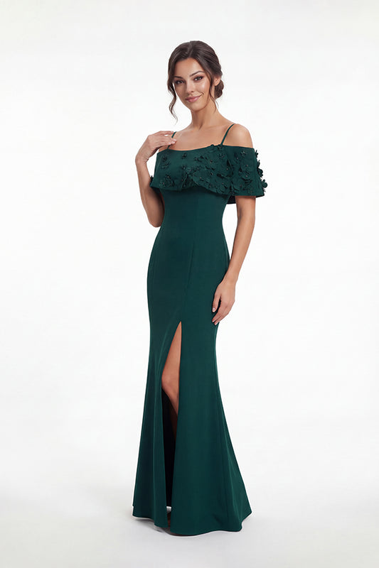 K288057 | Fresh Stretch Crepe Fit and Flare Gown with Off The Shoulder Portrait Collar with Beaded Flowers and Spaghetti Straps
