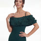 K288057 | Fresh Stretch Crepe Fit and Flare Gown with Off The Shoulder Portrait Collar with Beaded Flowers and Spaghetti Straps
