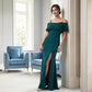 K288057 | Fresh Stretch Crepe Fit and Flare Gown with Off The Shoulder Portrait Collar with Beaded Flowers and Spaghetti Straps