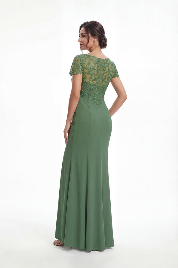 K288058 | Sophisticated Fit and Flare Stretch Crepe Dress with V-Neckline and Embroidered Beaded Lace
