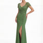 K288058 | Sophisticated Fit and Flare Stretch Crepe Dress with V-Neckline and Embroidered Beaded Lace