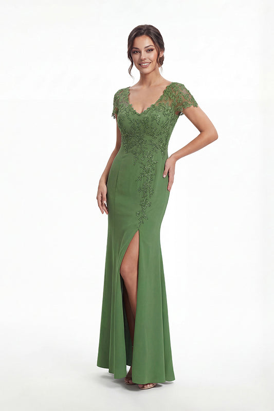 K288058 | Sophisticated Fit and Flare Stretch Crepe Dress with V-Neckline and Embroidered Beaded Lace