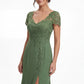 K288058 | Sophisticated Fit and Flare Stretch Crepe Dress with V-Neckline and Embroidered Beaded Lace
