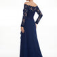 K288059 | Effortless Fit and Flare Soft Crepe Gown with Portrait Neckline and Off The Shoulder Long Sheer Lace Sleeves