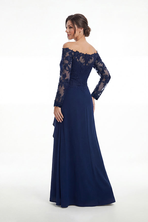 K288059 | Effortless Fit and Flare Soft Crepe Gown with Portrait Neckline and Off The Shoulder Long Sheer Lace Sleeves