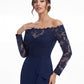 K288059 | Effortless Fit and Flare Soft Crepe Gown with Portrait Neckline and Off The Shoulder Long Sheer Lace Sleeves
