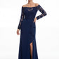 K288059 | Effortless Fit and Flare Soft Crepe Gown with Portrait Neckline and Off The Shoulder Long Sheer Lace Sleeves