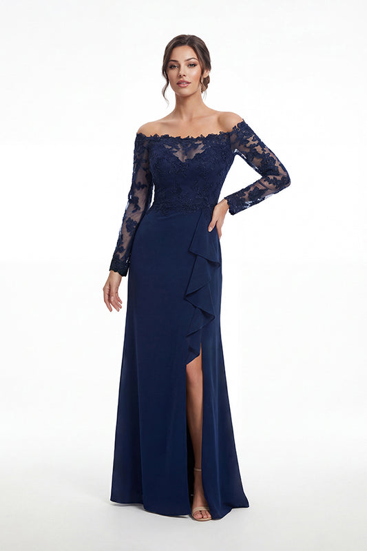 K288059 | Effortless Fit and Flare Soft Crepe Gown with Portrait Neckline and Off The Shoulder Long Sheer Lace Sleeves