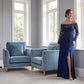 K288059 | Effortless Fit and Flare Soft Crepe Gown with Portrait Neckline and Off The Shoulder Long Sheer Lace Sleeves