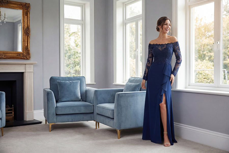 K288059 | Effortless Fit and Flare Soft Crepe Gown with Portrait Neckline and Off The Shoulder Long Sheer Lace Sleeves