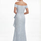 K288060 | Fashion-Forward Gabrielle Jacquard Fit and Flare Gown with Off The Shoulder Short Sleeves and Waistline Cascading Ruffles