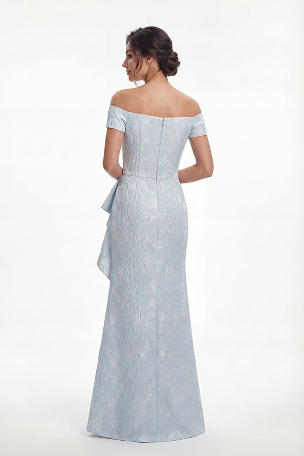 K288060 | Fashion-Forward Gabrielle Jacquard Fit and Flare Gown with Off The Shoulder Short Sleeves and Waistline Cascading Ruffles