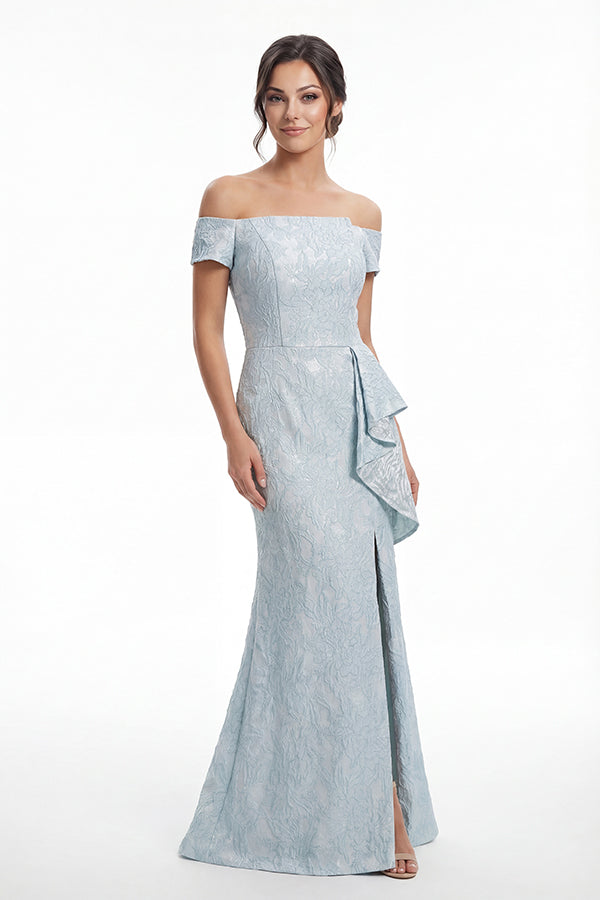 K288060 | Fashion-Forward Gabrielle Jacquard Fit and Flare Gown with Off The Shoulder Short Sleeves and Waistline Cascading Ruffles