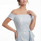K288060 | Fashion-Forward Gabrielle Jacquard Fit and Flare Gown with Off The Shoulder Short Sleeves and Waistline Cascading Ruffles