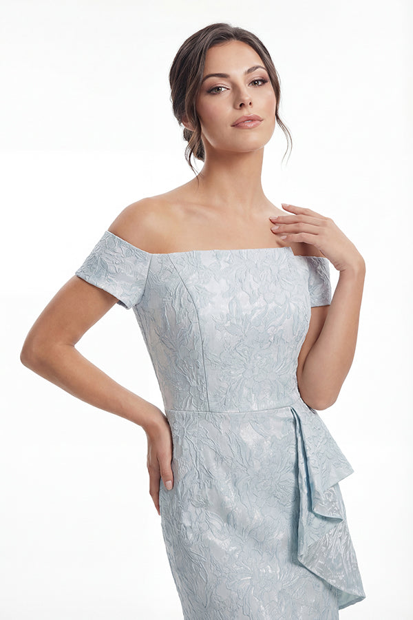 K288060 | Fashion-Forward Gabrielle Jacquard Fit and Flare Gown with Off The Shoulder Short Sleeves and Waistline Cascading Ruffles