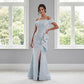 K288060 | Fashion-Forward Gabrielle Jacquard Fit and Flare Gown with Off The Shoulder Short Sleeves and Waistline Cascading Ruffles