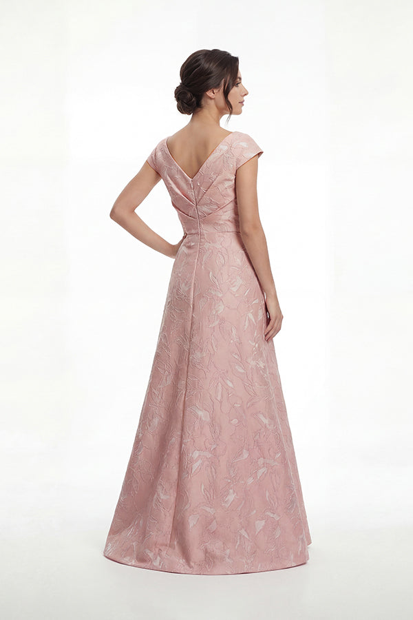 K288061 | Bold Gemma Jacquard A-line Gown with V-Neckline and Short Sleeves