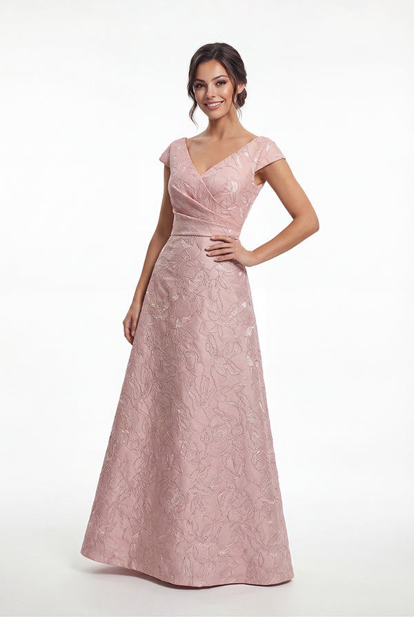 K288061 | Bold Gemma Jacquard A-line Gown with V-Neckline and Short Sleeves