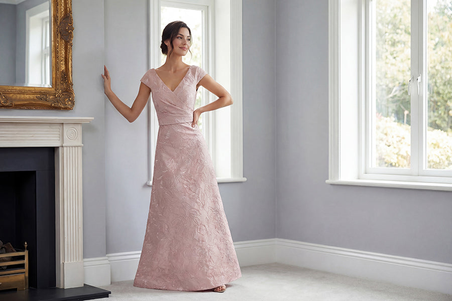 K288061 | Bold Gemma Jacquard A-line Gown with V-Neckline and Short Sleeves