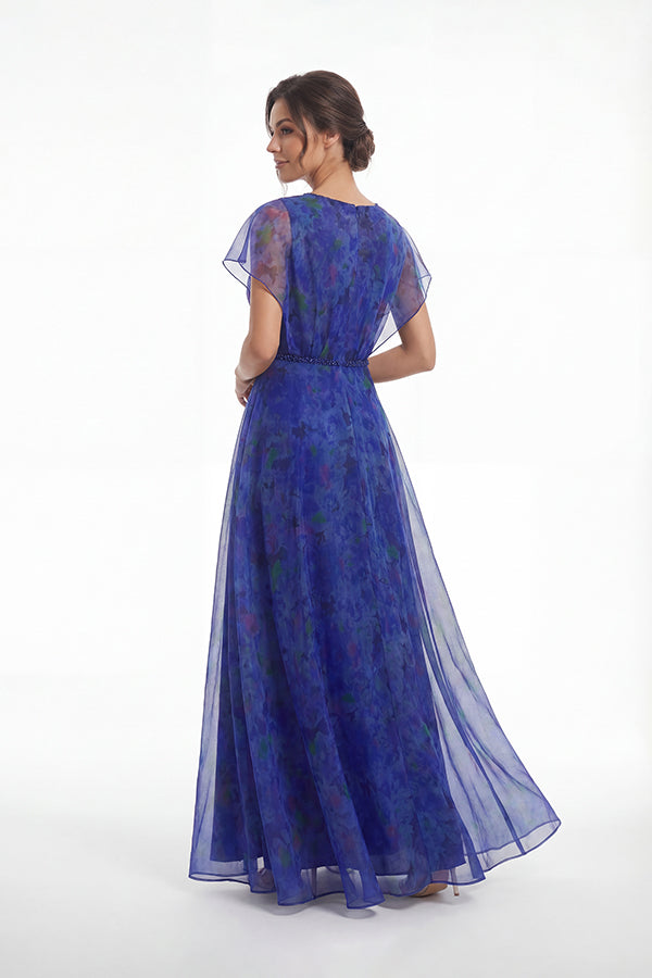 K288062 | Charming Heather Print Organza A-line Gown with V-Neckline and Flutter Sleeves