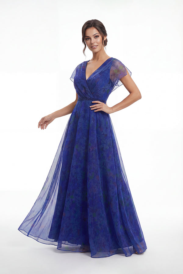 K288062 | Charming Heather Print Organza A-line Gown with V-Neckline and Flutter Sleeves