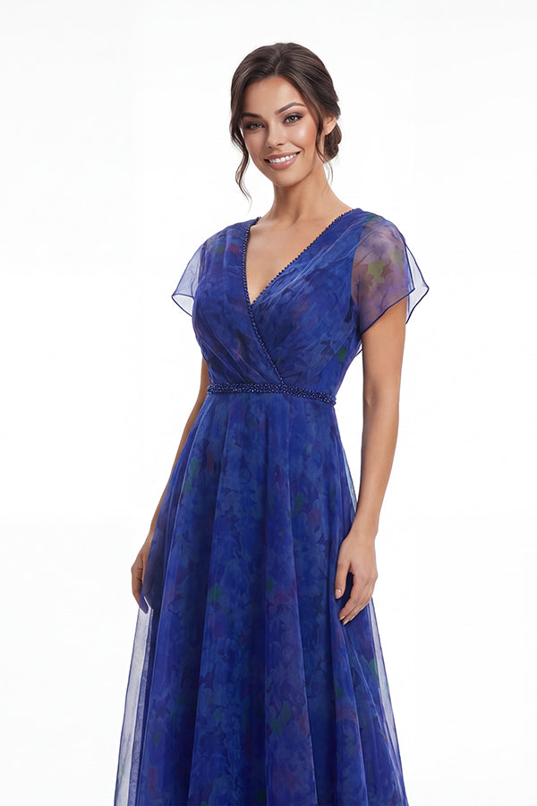 K288062 | Charming Heather Print Organza A-line Gown with V-Neckline and Flutter Sleeves