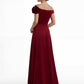 K288063 | Elegant A-line Crepe Back Charmeuse Gown with Off The Shoulder Portrait Neckline and One Shoulder Ruffle Detail