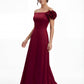 K288063 | Elegant A-line Crepe Back Charmeuse Gown with Off The Shoulder Portrait Neckline and One Shoulder Ruffle Detail