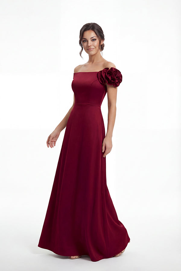 K288063 | Elegant A-line Crepe Back Charmeuse Gown with Off The Shoulder Portrait Neckline and One Shoulder Ruffle Detail