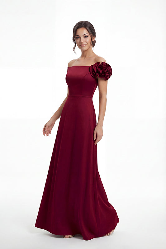 K288063 | Elegant A-line Crepe Back Charmeuse Gown with Off The Shoulder Portrait Neckline and One Shoulder Ruffle Detail