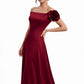 K288063 | Elegant A-line Crepe Back Charmeuse Gown with Off The Shoulder Portrait Neckline and One Shoulder Ruffle Detail
