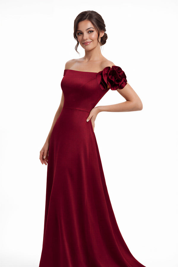 K288063 | Elegant A-line Crepe Back Charmeuse Gown with Off The Shoulder Portrait Neckline and One Shoulder Ruffle Detail