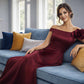 K288063 | Elegant A-line Crepe Back Charmeuse Gown with Off The Shoulder Portrait Neckline and One Shoulder Ruffle Detail