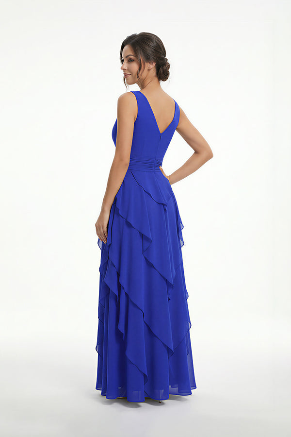 K288064 | Vibrant Jade Chiffon A-line Dress with Crossover Bodice and Angled Layered Skirt