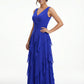 K288064 | Vibrant Jade Chiffon A-line Dress with Crossover Bodice and Angled Layered Skirt