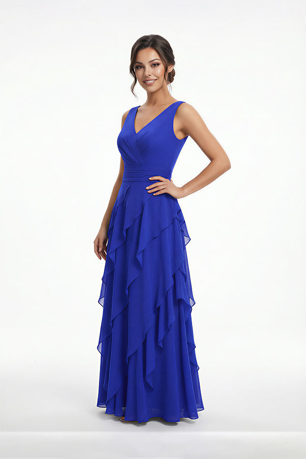 K288064 | Vibrant Jade Chiffon A-line Dress with Crossover Bodice and Angled Layered Skirt