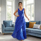K288064 | Vibrant Jade Chiffon A-line Dress with Crossover Bodice and Angled Layered Skirt