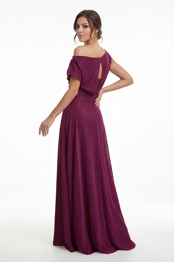 K288066 | Striking Matte Jersey A-line Gown with Asymmetrical Draped Off The Shoulder Neckline and Wie Embroidered Lace Waistband