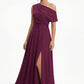 K288066 | Striking Matte Jersey A-line Gown with Asymmetrical Draped Off The Shoulder Neckline and Wie Embroidered Lace Waistband