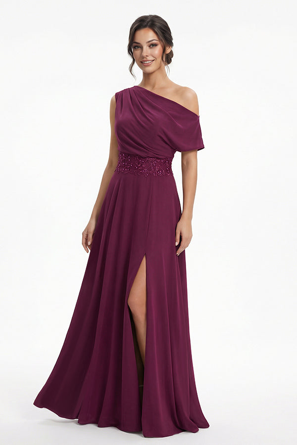 K288066 | Striking Matte Jersey A-line Gown with Asymmetrical Draped Off The Shoulder Neckline and Wie Embroidered Lace Waistband
