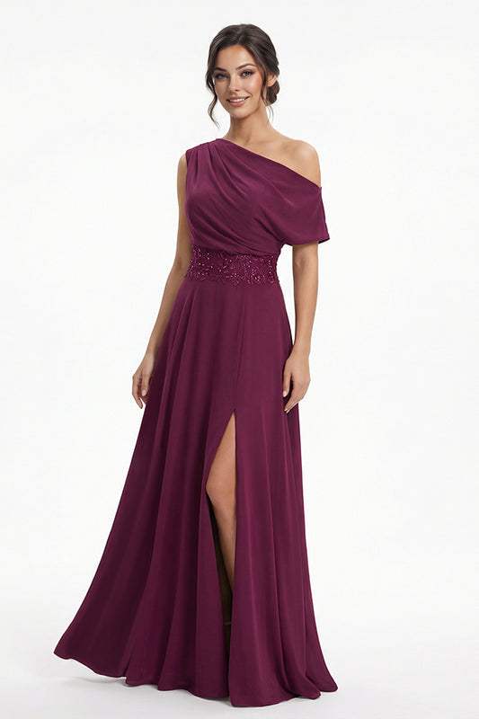 K288066 | Striking Matte Jersey A-line Gown with Asymmetrical Draped Off The Shoulder Neckline and Wie Embroidered Lace Waistband