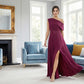 K288066 | Striking Matte Jersey A-line Gown with Asymmetrical Draped Off The Shoulder Neckline and Wie Embroidered Lace Waistband