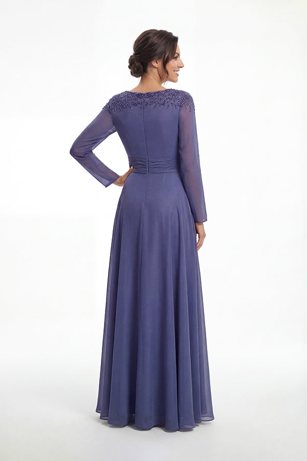 K288067 | Refined Jade Tiffany Chiffon A-line Dress with Long Fitted Sleeves and Gathered Waistband