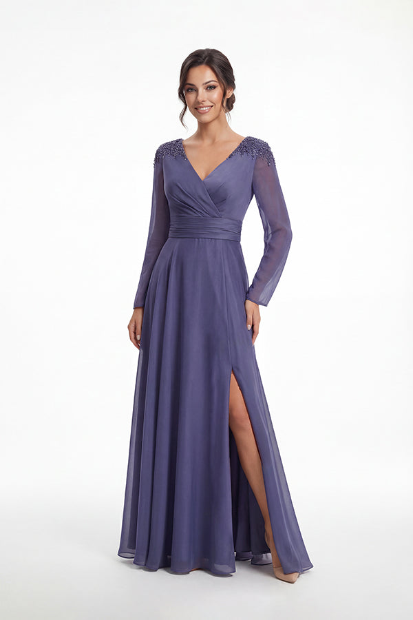 K288067 | Refined Jade Tiffany Chiffon A-line Dress with Long Fitted Sleeves and Gathered Waistband
