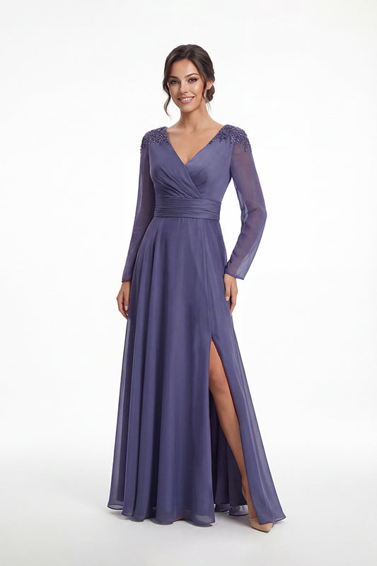K288067 | Refined Jade Tiffany Chiffon A-line Dress with Long Fitted Sleeves and Gathered Waistband