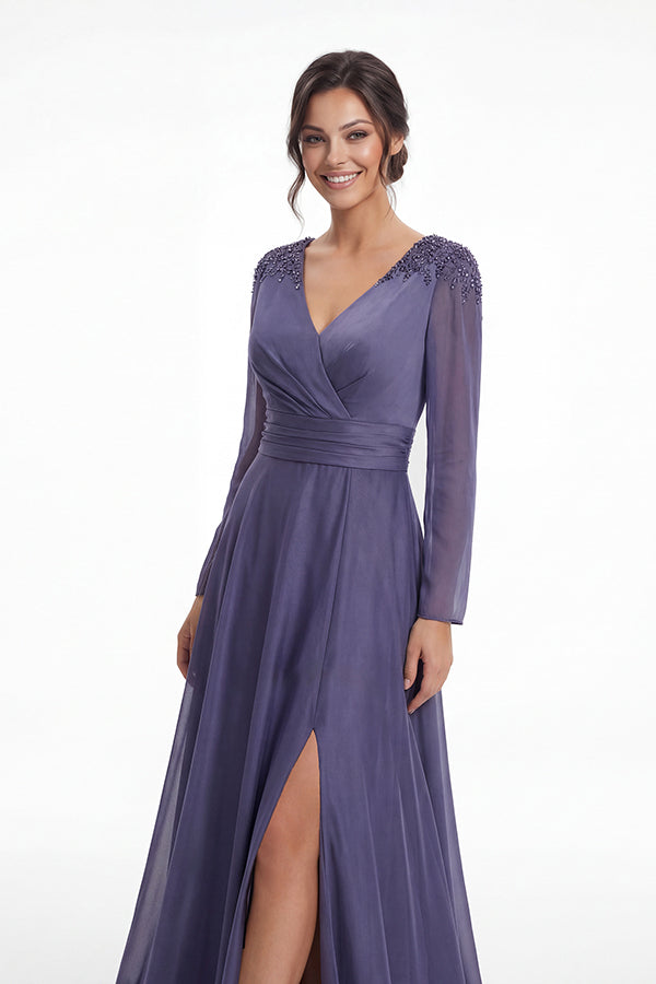 K288067 | Refined Jade Tiffany Chiffon A-line Dress with Long Fitted Sleeves and Gathered Waistband