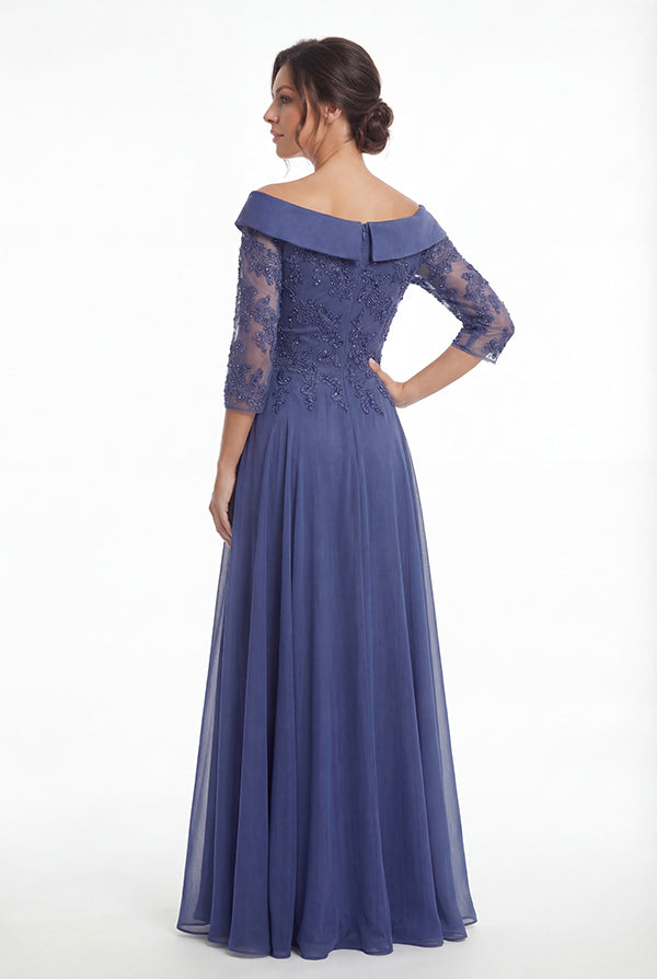 K288068 | Striking A-line Jade Tiffany Chiffon Gown with Portrait Collar Neckline and Beaded Embroidery Lace Bodice and Quarter Sleeves