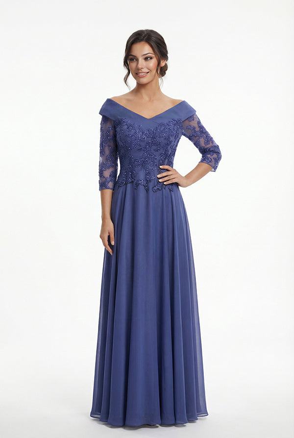 K288068 | Striking A-line Jade Tiffany Chiffon Gown with Portrait Collar Neckline and Beaded Embroidery Lace Bodice and Quarter Sleeves