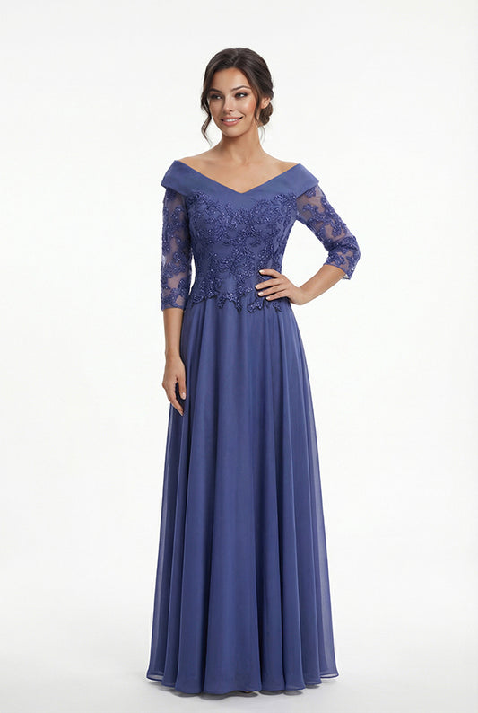 K288068 | Striking A-line Jade Tiffany Chiffon Gown with Portrait Collar Neckline and Beaded Embroidery Lace Bodice and Quarter Sleeves