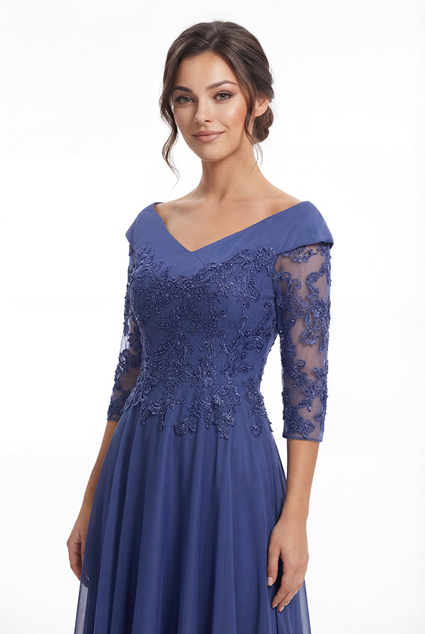 K288068 | Striking A-line Jade Tiffany Chiffon Gown with Portrait Collar Neckline and Beaded Embroidery Lace Bodice and Quarter Sleeves